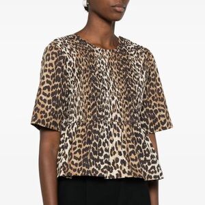 Ganni Smocked Leopard Print Women's Top